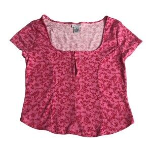 Rue 21 Top Womens XL Pink Y2k Crop Babydoll Tee Ribbed Stretch Knit Hook & Eye